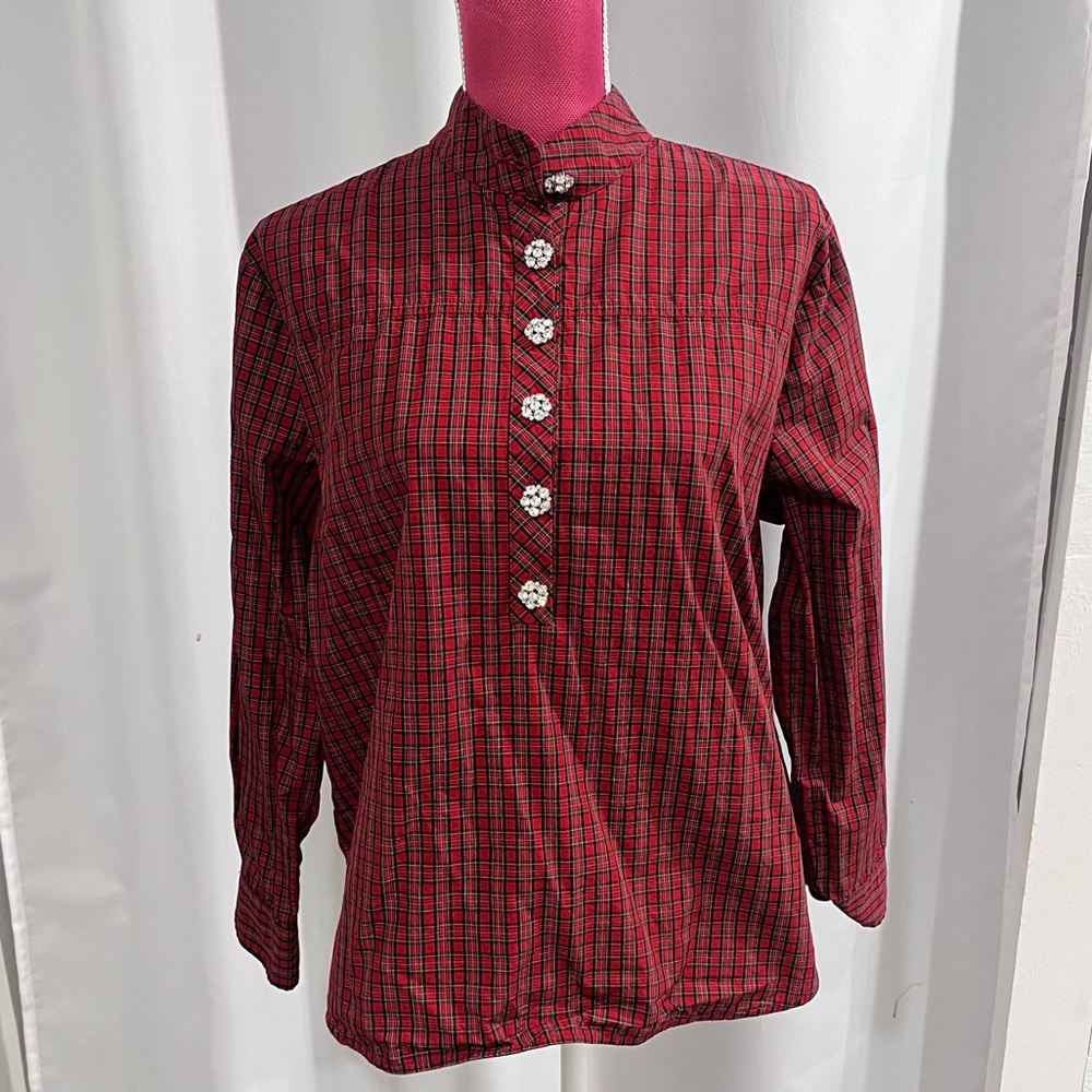 J.Crew Red Tartan Pop-Over Blouse with Crystal Buttons Size 8